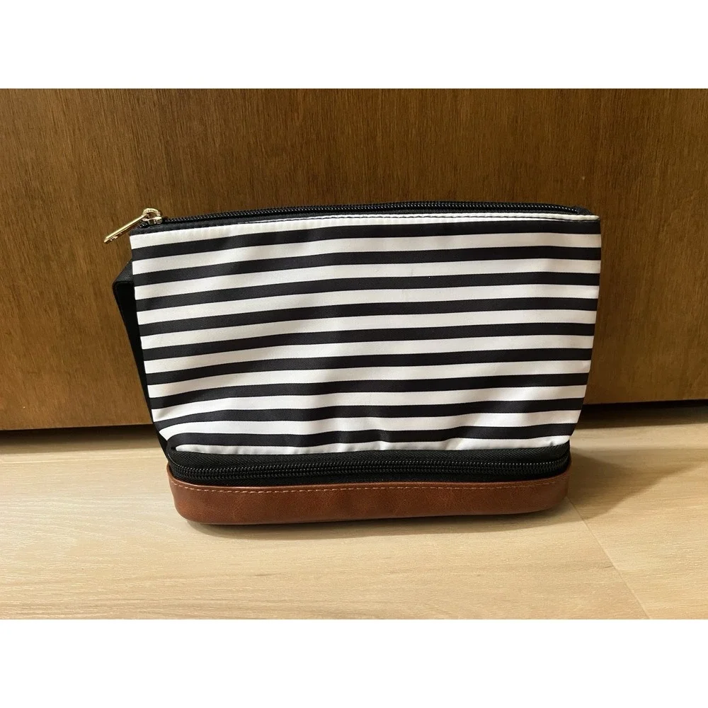 Unbranded Black White‎ Striped Wristlet Makeup Cosmetic Faux Brown Leather